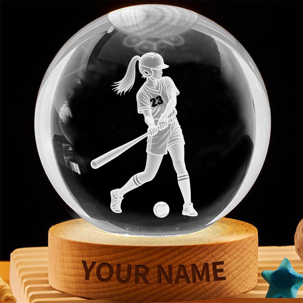 Personalized Softball Crystal Night Light Gift for Women, Custom Name/Number Softball Player 3D Crystal Ball Night Light Lamp for Bedroom Room Sports Decor Party Bar Christmas Birthday Gift