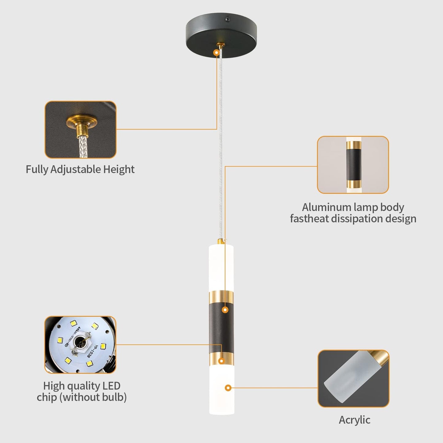 Liangmh Modern Kitchen Island Light Fixture Dimmable Led Black Mini Pendant Light Bedroom Bedside Table Black Gold Small Pendant Lighting (1-Pack)