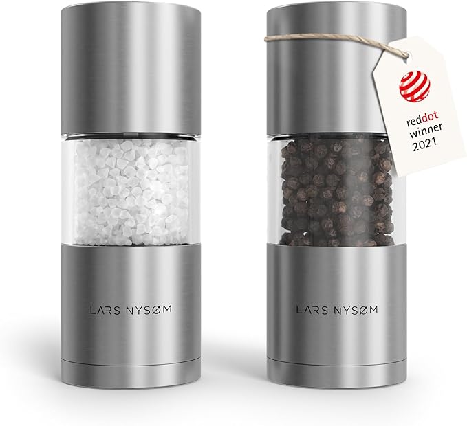 LARS NYSØM Salt and Pepper Grinder Set, Manual Salt and Pepper Mills with Adjustable Ceramic Grinder, Design Spice Shaker Set (Stainless Steel)