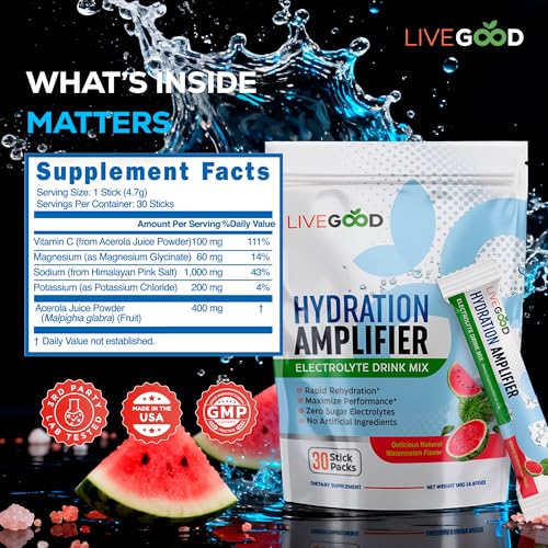 LiveGood Hydration Amplifier Watermelon, Electrolyte Powder with Minerals for Hydration, Energy, Mental Focus and Muscle S...