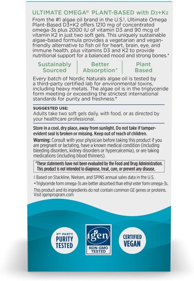 Nordic Naturals Ultimate Omega Plant Based Vitamin with Vitamin D3+K2-60 Vegetarian Soft Gels - 1210 mg Omega-3s Plus 2000 IU D3 and 90 mcg K2 - Promotes Brain Health - Non GMO - 30 Servings
