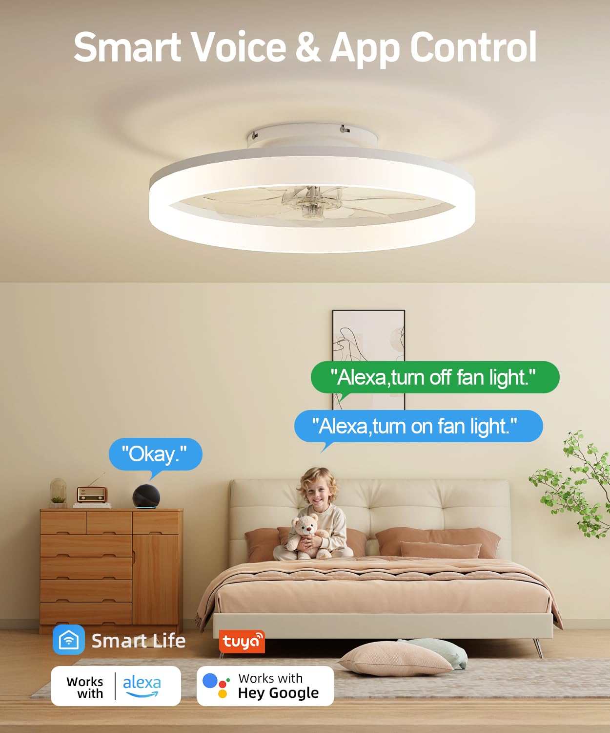 AQUBT Smart Ceiling Fan with Light, 20in  Low Profile, 6-Speed, Dimmable LED, White, Model 1138-Wwifi