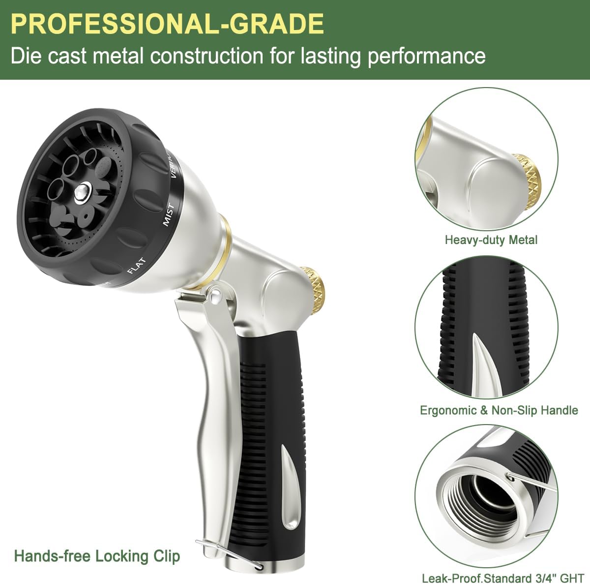 FANHAO Heavy Duty Garden Hose Nozzle, 100% Metal Water Nozzle with 8 Adjustable Spray Patterns, High Pressure Hose Sprayer with Non-Slip Grip for Watering Plants & Lawns, Washing Cars & Pets -Silver