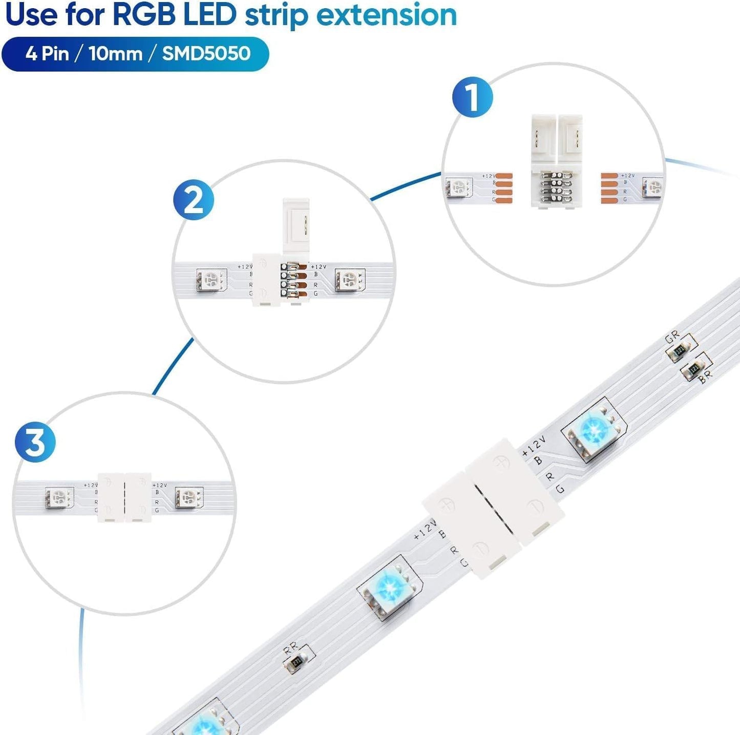 Sunity 20Pcs 4-Pin LED Light Strip Connectors Set, T-Shape Clips, PBT Material, White, Model S-SC-820