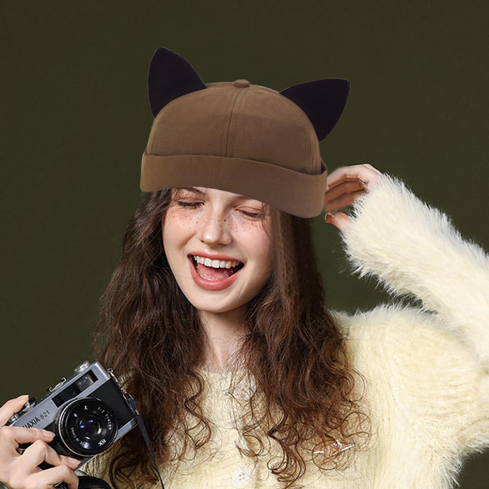 Malaxlx Khaki Cat Ear Docker Cap – Brimless Cotton Sailor Beanie Skull Cap for Women Men