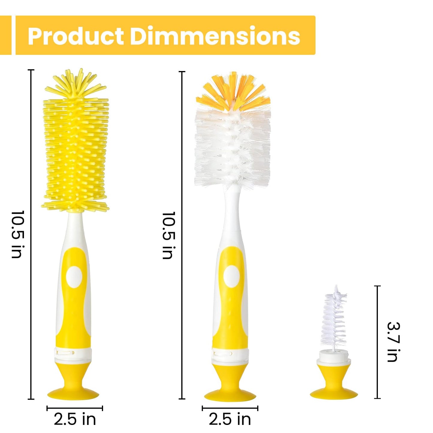 Ariseno Baby Bottle Brush Set - Nylon & Silicone Bottle & Nipple Brush, BPA-Free (Yellow)