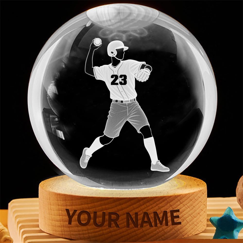 Personalized Baseball Crystal Night Light Gift for Men Women, Custom Name/Number Baseball Player 3D Crystal Ball Night Light Lamp for Bedroom Room Sports Decor Party Bar Christmas Birthday Gift
