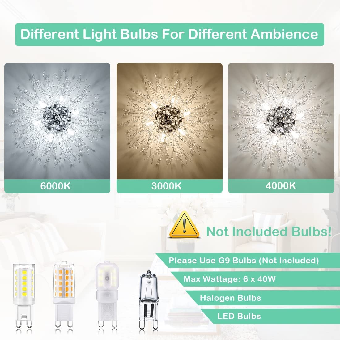 HMVPL Crystal Flush Mount Ceiling Light, 6-Light, Chrome, Glass, Model HMVPL-22
