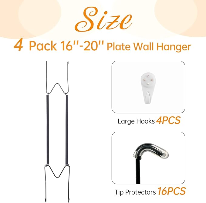 4 Pack Plate Hangers for The Wall, Suitable for 16-20 inch Art Plate, Stainless Steel Invisible Heavy Duty Wire Plate Holder with Wall Hooks, Plate Hangers for Displaying Plates, Platter, Dish, Black