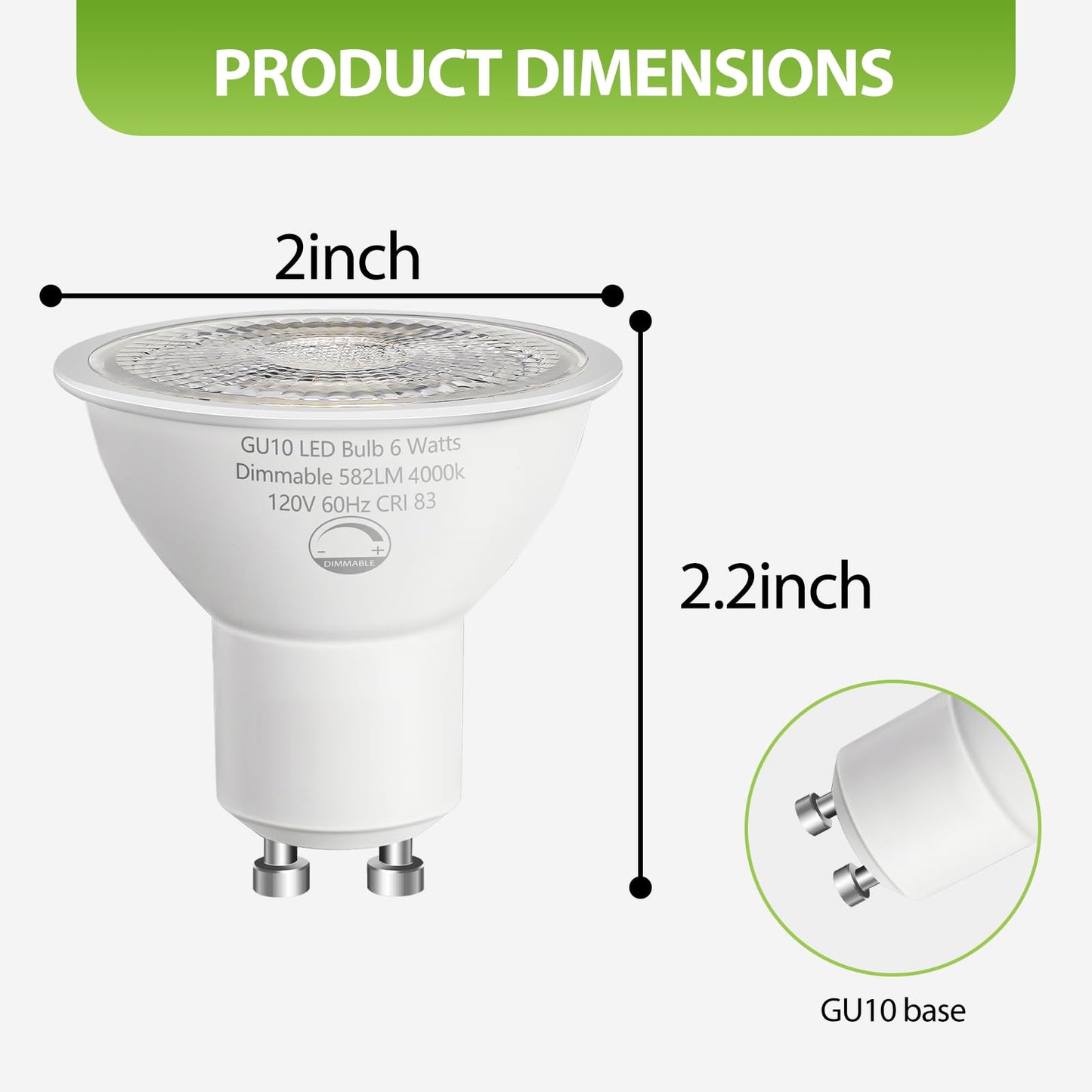 SETEN 6-Pack GU10 LED Bulbs 6W (50W Equivalent), Dimmable 4000K Cool White, 580LM, Perfect for Track & Recessed Lighting, Kitchen, Display Case