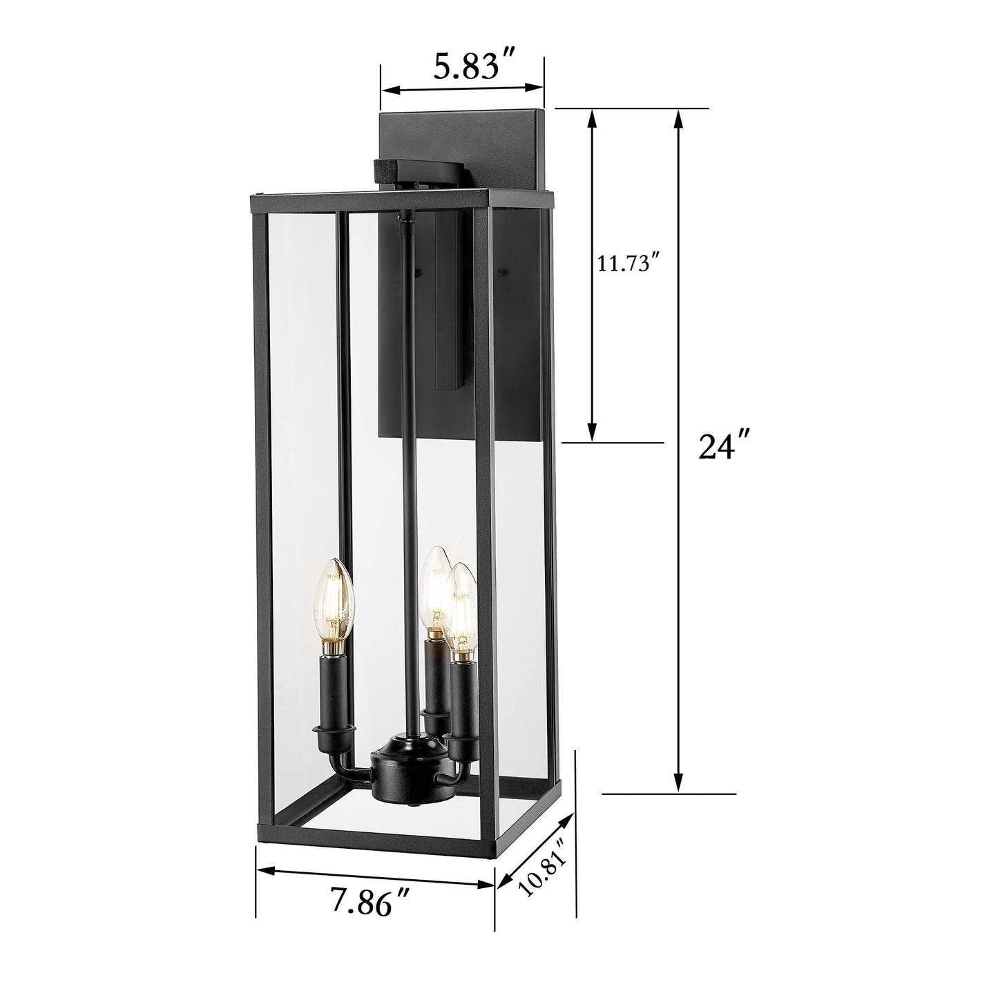 Bestshared Outdoor Wall Lantern, 24in Tall Black Metal Sconce, Clear Glass, Model 4176