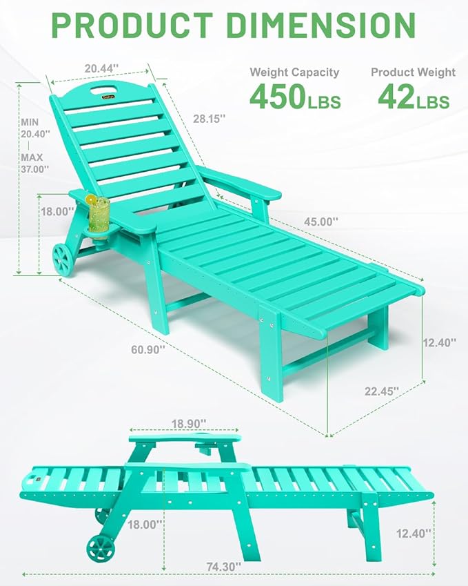 Lounge Chair Outdoor Set of 4 with Wheels, Adjustable 6-Position Chaise Lounge Outdoor, Patio Lounge Chair for Poolside Backyard, Lake Blue