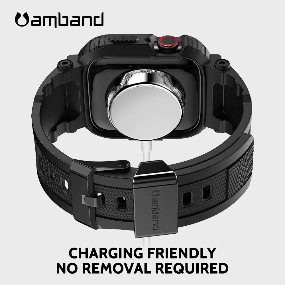 amBand Bands Compatible with Apple Watch 9/8/7/SE (3/2/1)/6/5/4 45mm/44mm Case for Men, M1 Sport Series Rugged Case Protective Cover for iWatch SE3/SE2/6/SE/5/4/3 42/44/45mm Men Black