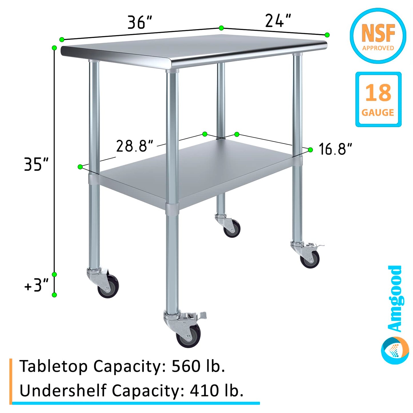 AmGood 24 in. x 36 in. Stainless Steel Work Table with Wheels | Metal Kitchen Food Prep Table | NSF