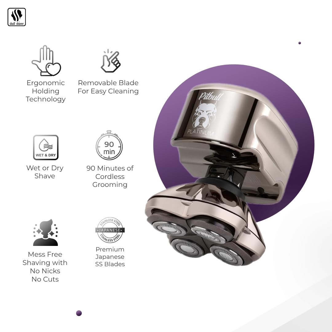 Skull Shaver Pitbull Platinum Pro:Head Shaver for Men - Bald Head Shavers with Wet/Dry Technology, Ergonomic Design, Travel Lock, and Accessories. Perfect Grooming Kit and Prime Gift for Men
