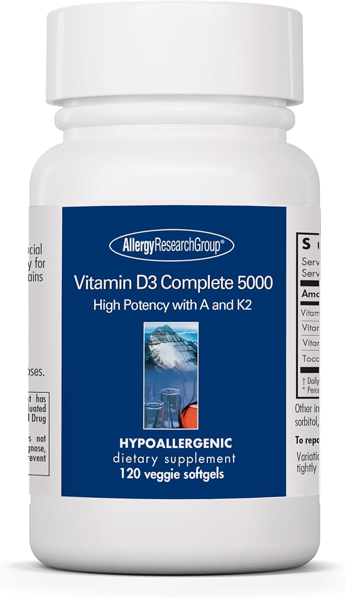 Allergy Research Group Vitamin D3 Complete 5000 IU - Vitamin D3 and K2 Supplement, Daily Balance, with Vitamin A, DeltaGold Tocotrienols, High Potency, Veggie Softgels - 120 Count