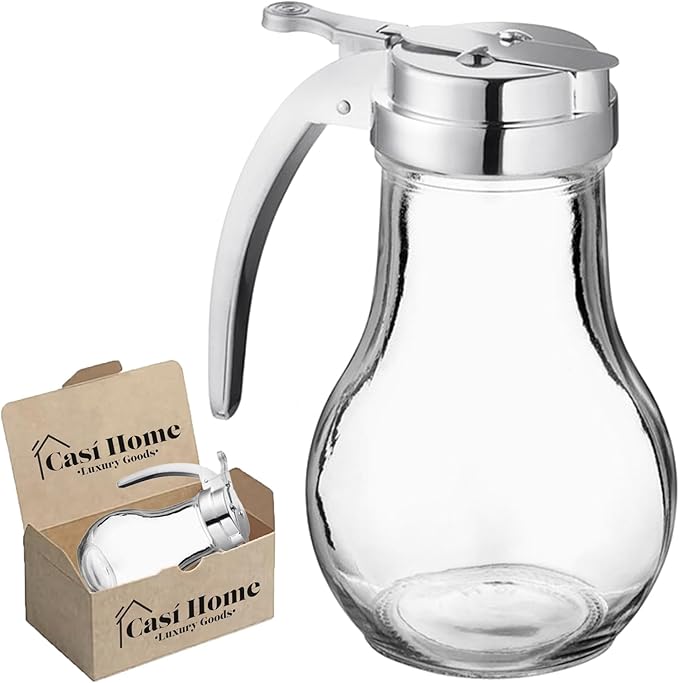 Glass Syrup Dispenser 14 oz – No-Drip Honey Dispenser for Maple Syrup, Dressings & Sauces – Durable Clear Glass, Easy Pour Spout, Leak-Proof Lid