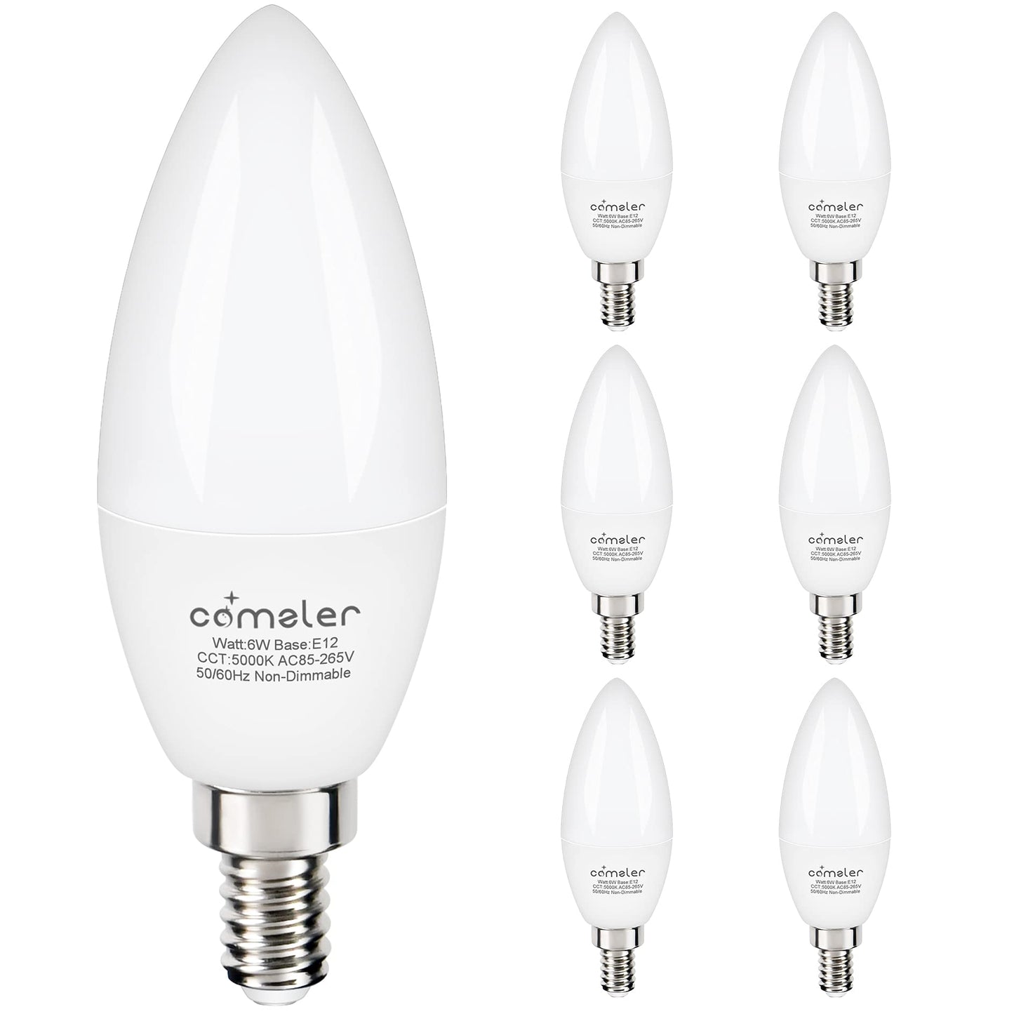 comzler 6W Candelabra LED Bulb, 60W Equivalent, Daylight 5000K, Pack of 6, Non-Dimmable, Small Base E12