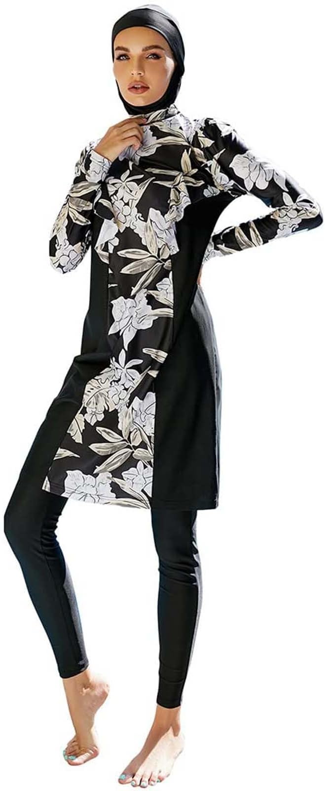 Womens Muslim Swimsuits Burkini Hijab Bathing Suit Built-in Bra Swimming Top + Swimming Pants + Swim Cap Three Piece Swimsuit