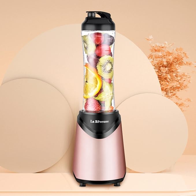 La Reveuse Smoothie Blender Personal Size 300 Watts with 2 Pieces 18 oz BPA-free Travel Sports Bottles,Pink