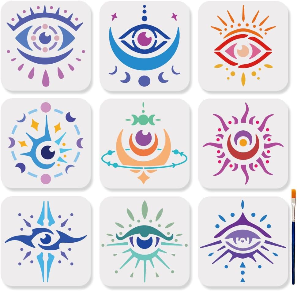 MAYJOYDIY Magic Evil Eyes Stencils, 6x6 inch, 9 Pieces with Paint Brush, Moon Phases Star Template for Wall Furniture Canvas