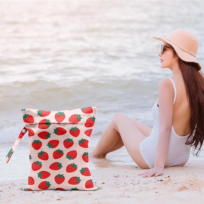 Secret Santa Gifts, Strawberry Wet Bags 12x10 Inch, Pink Reusable Wet Dry Bag for Swimsuit Pool Beach Diapers Dirty Yoga Gym Clothes, Strawberry Gifts for Women Friend Travelers