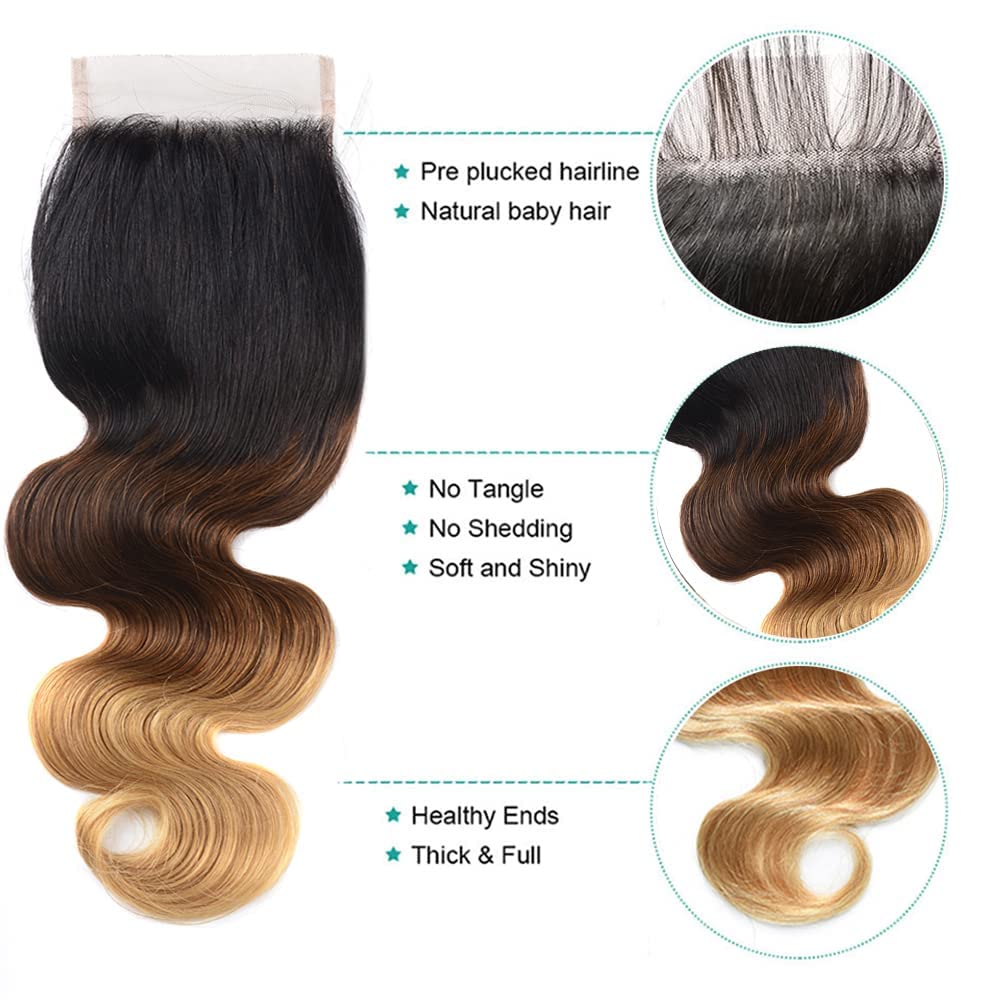 Isufer Ombre Closure Human Hair Pre Plucked With Baby Hair Lace Closure Only 4X4 Transparent Lace Body Wave 3 Tone Closure Ombre