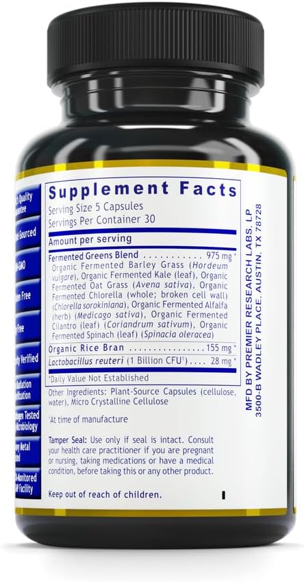 Premier Research Labs Probiotic Fermented Greens - Super Greens Supplement, Superfood Blend, Organic Vitamins with Probiotic - Daily Greens with Spinach, Chlorella, & More - 150 Powder Filled Capsules