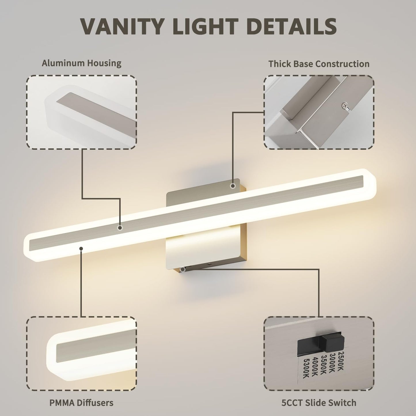 Jusheng Brushed Nickel Vanity Lights For Bathroom  5Cct Dimmable Vanity Light Bar  Modern Led Bathroom Lighting Fixtures Above Mirror 24 Inch 20W