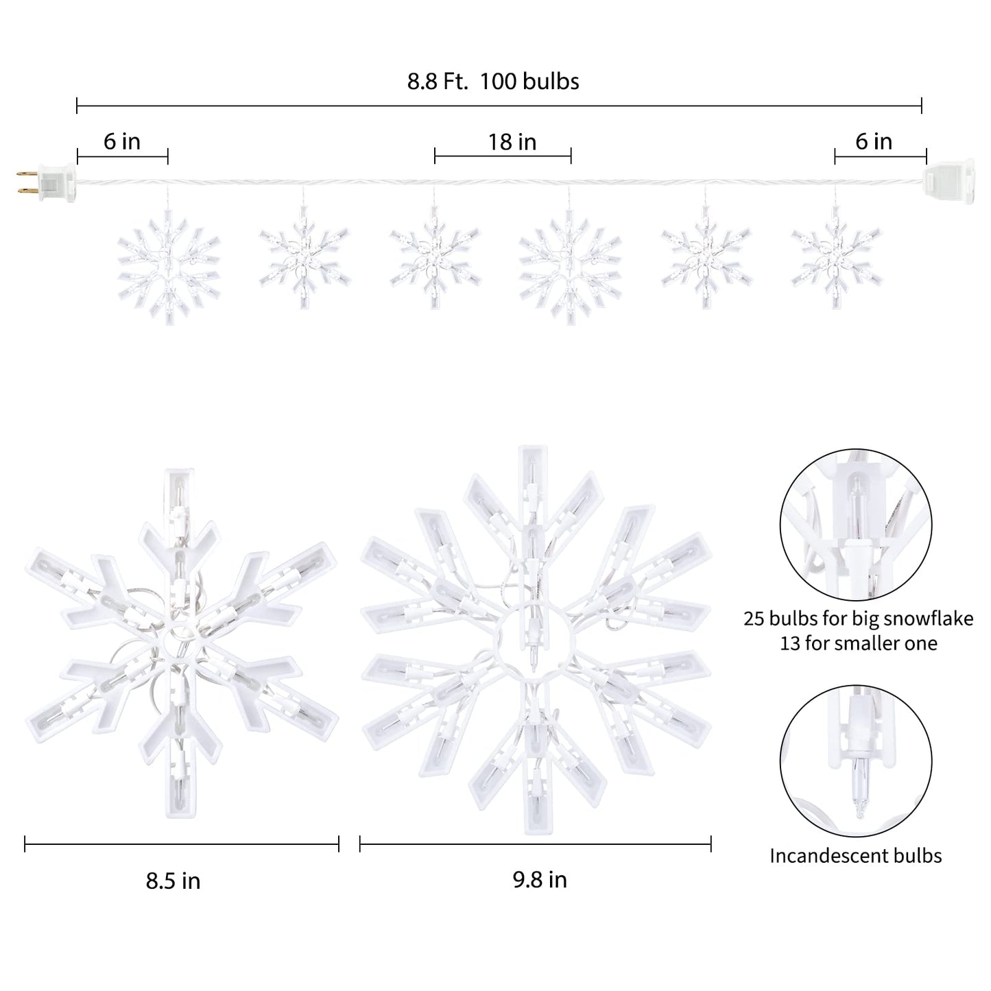 Minetom Snowflake Christmas String Lights - 9ft, 100 Mini Bulbs, White, 1 PC - 6 Drops, Model 39396, Indoor Outdoor Décor