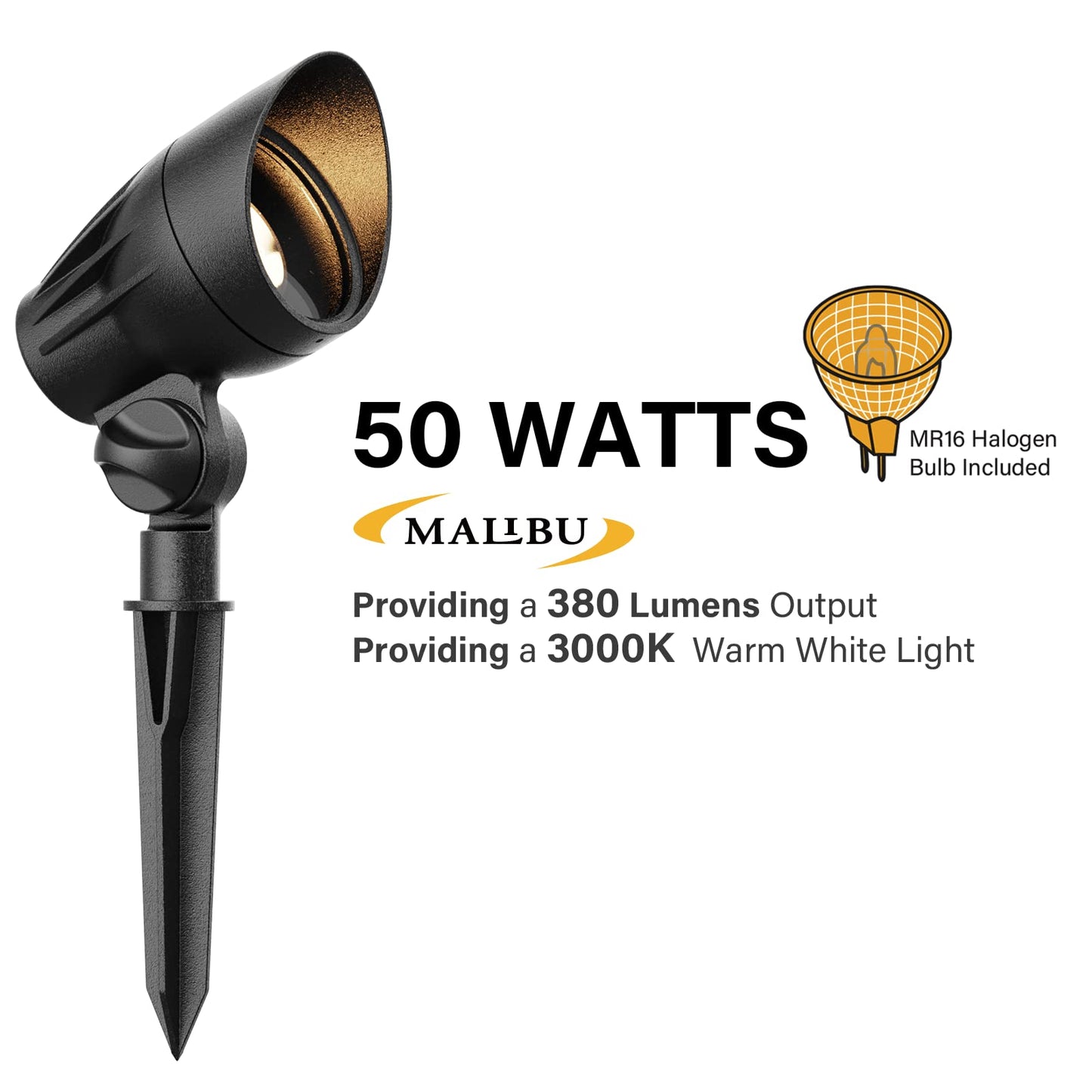 Malibu 50 Watt Floodlight Landscape Light, Black, Low Voltage, Waterproof, 6IN x 3.5IN x 5.9IN, Model 8301-9601-