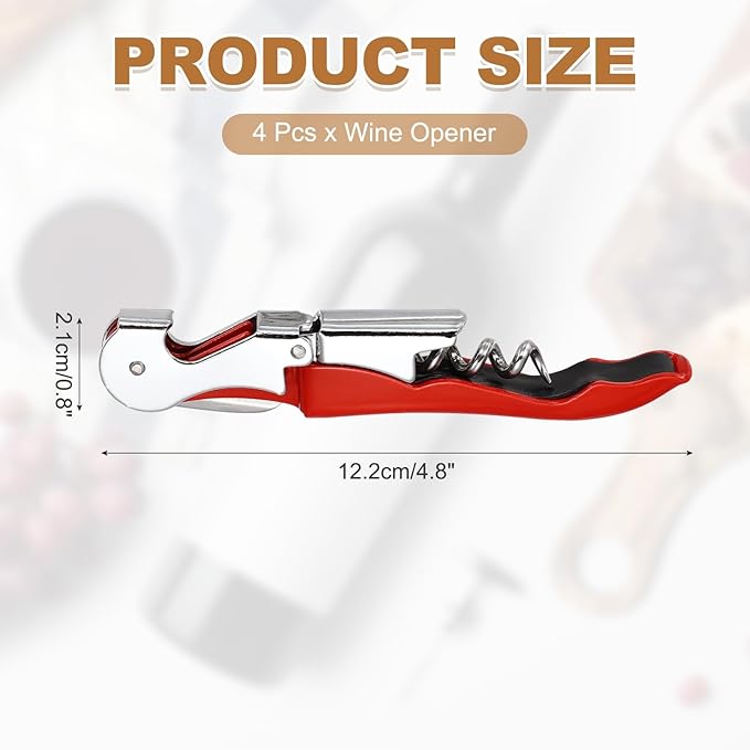 uxcell 4 Pcs 4.8" Stainless Steel Wine Opener, Waiter Corkscrew Professional Wine Key Bottle Opener with Double Hinged Foil Cutter for Bar Servers Waiter Bartender and Home, Red
