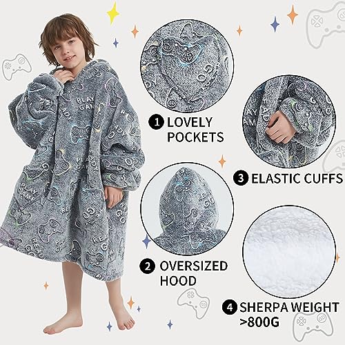 Fiosnow Glow in the Dark Game Controller Blanket Hoodies for Kids 6-13YR Oversize Wearable Blanket Hoodies for Boys Girls ...