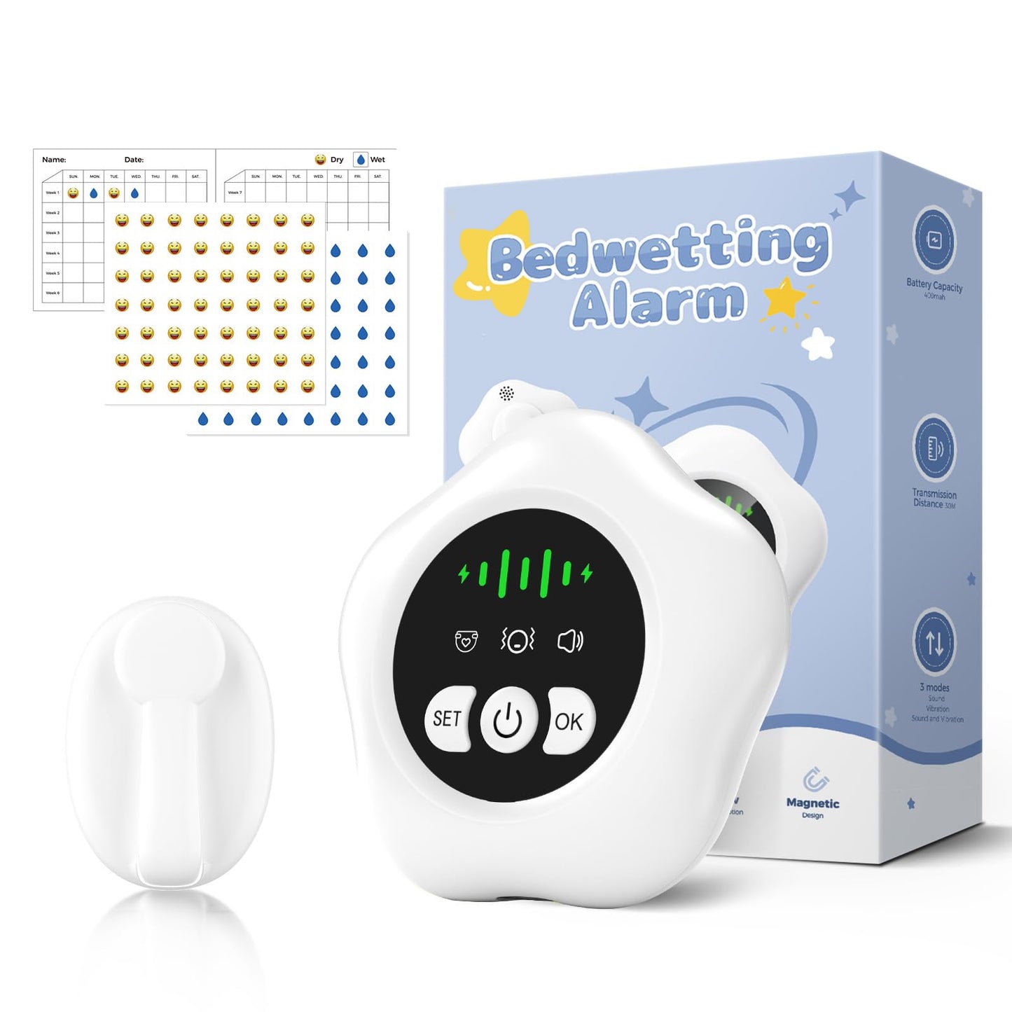 2026 New Bed Wetting Alarm for Boys and Girls, Compact & Comfortable Wireless Sensor, USB-C Rechargeable Bedwetting Alarm with 3 Working Modes, White