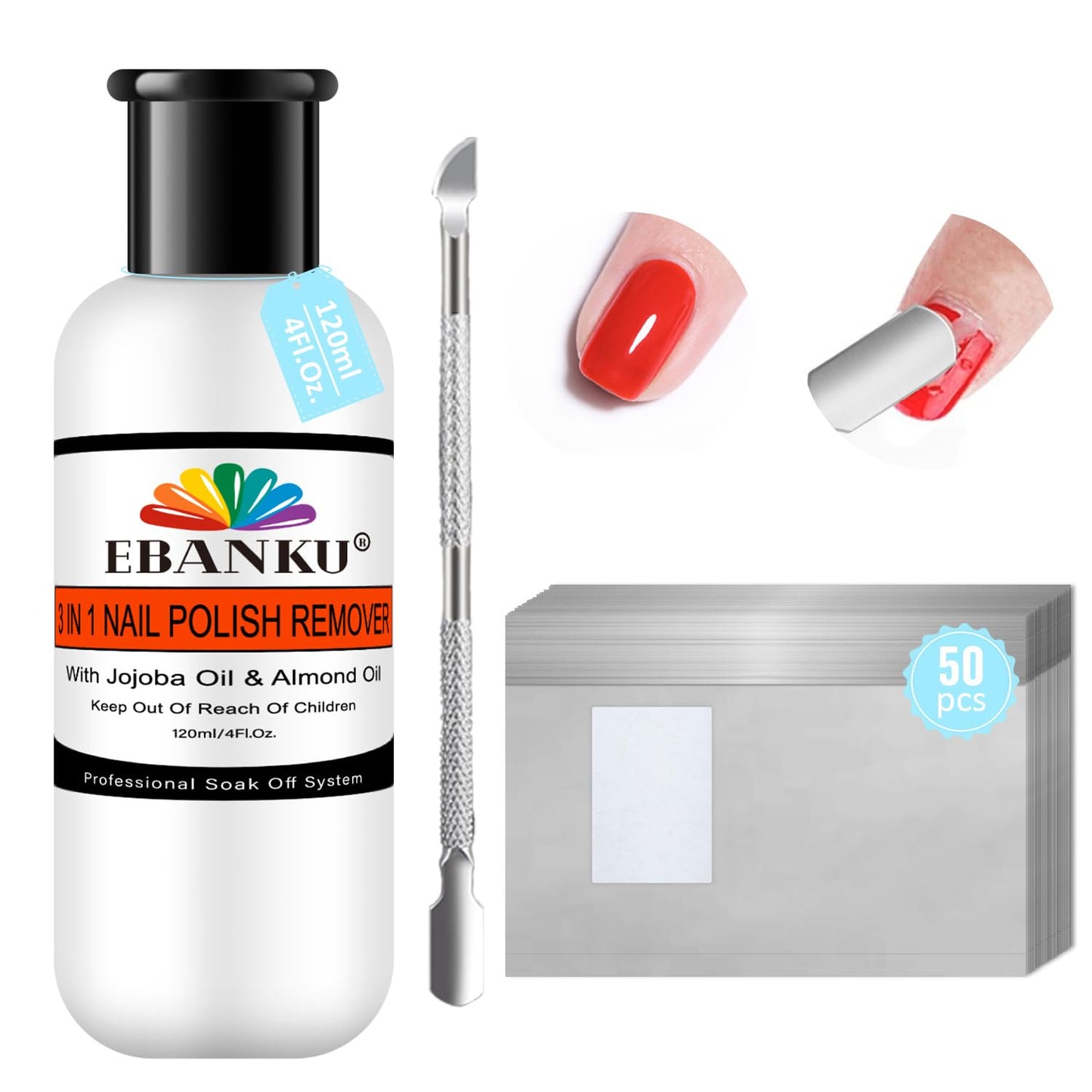 EBANKU Nail Polish Remover Kit, 120ML Professional Soak off Gel Remover with 50pcs Nail Foil and Tools for Nail Moisturizing & C