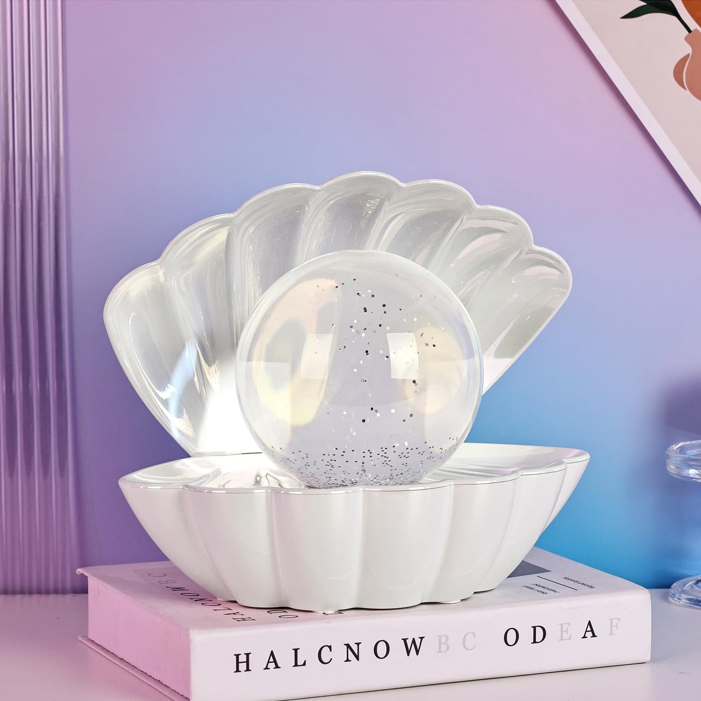 LKUA Night Light, RGB Color Changing Shell Pearl Lamp, Portable Clamshell Design, Large White Shell, Model L-221