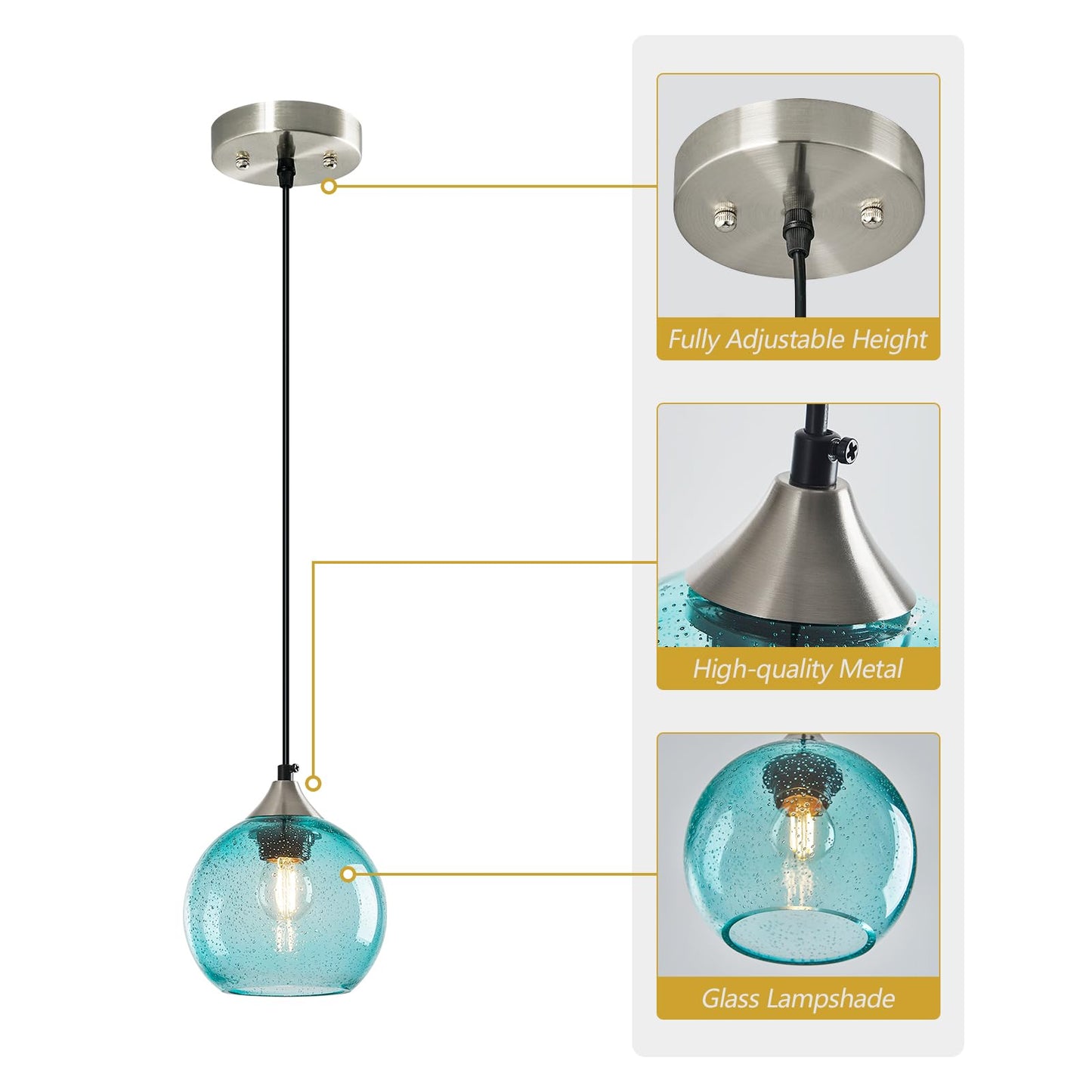 Lbsqj Light Blue Glass Pendant Lights Kitchen Island Globe Pendant Light Fixtures Modern Pendant Lighting For Bedroom Living Dining Room Light Fixture (5.9 In  1 Pack)