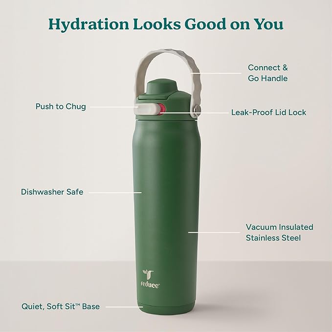 REDUCE Aura Vacuum Insulated 26 oz Water Bottle - Leak-Proof & Chug Spout for Quick Hydration - Keeps Drinks Cold for 30 Hours - Removable Handle for Travel or Gym - Soft Sit Base - Fairway Green