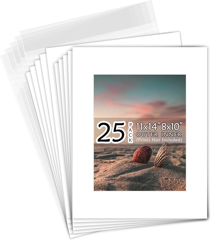 Golden State Art, Acid Free, Pack of 25, 11x14 White Picture Mats Mattes with White Core Bevel Cut for 8x10 Photo + Backin...
