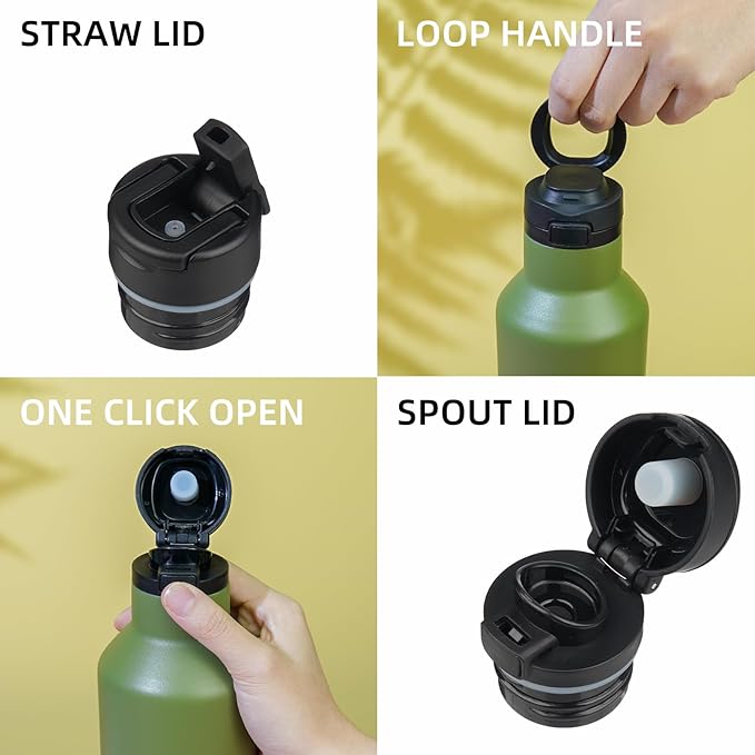BJPKPK Insulated Water Bottle With Straw 17oz Stainless Steel Water Bottles With 2 Lids And Carry Handle Reusable Travel Metal Thermal Flask,Olive Green