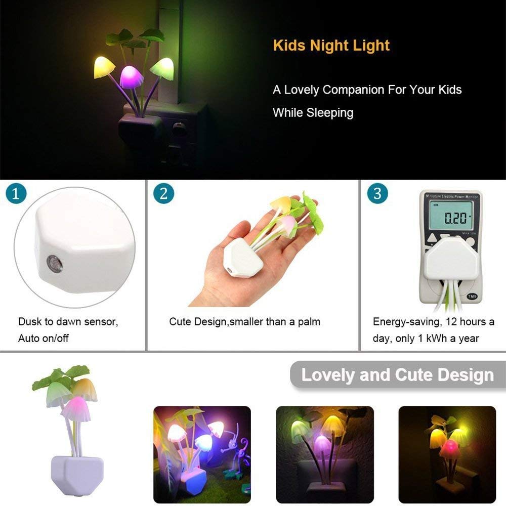 Zezhou Smart Sensor Led Night Lights 2 Pack  7 Color Changing W/Dusk To Dawn Sensor Auto On/Off Mushroom Dream Bed Nightlight  0.6W Plug-In Wall Lamp  Gift Ideal For Nursery Baby Kids Children mature-themeds