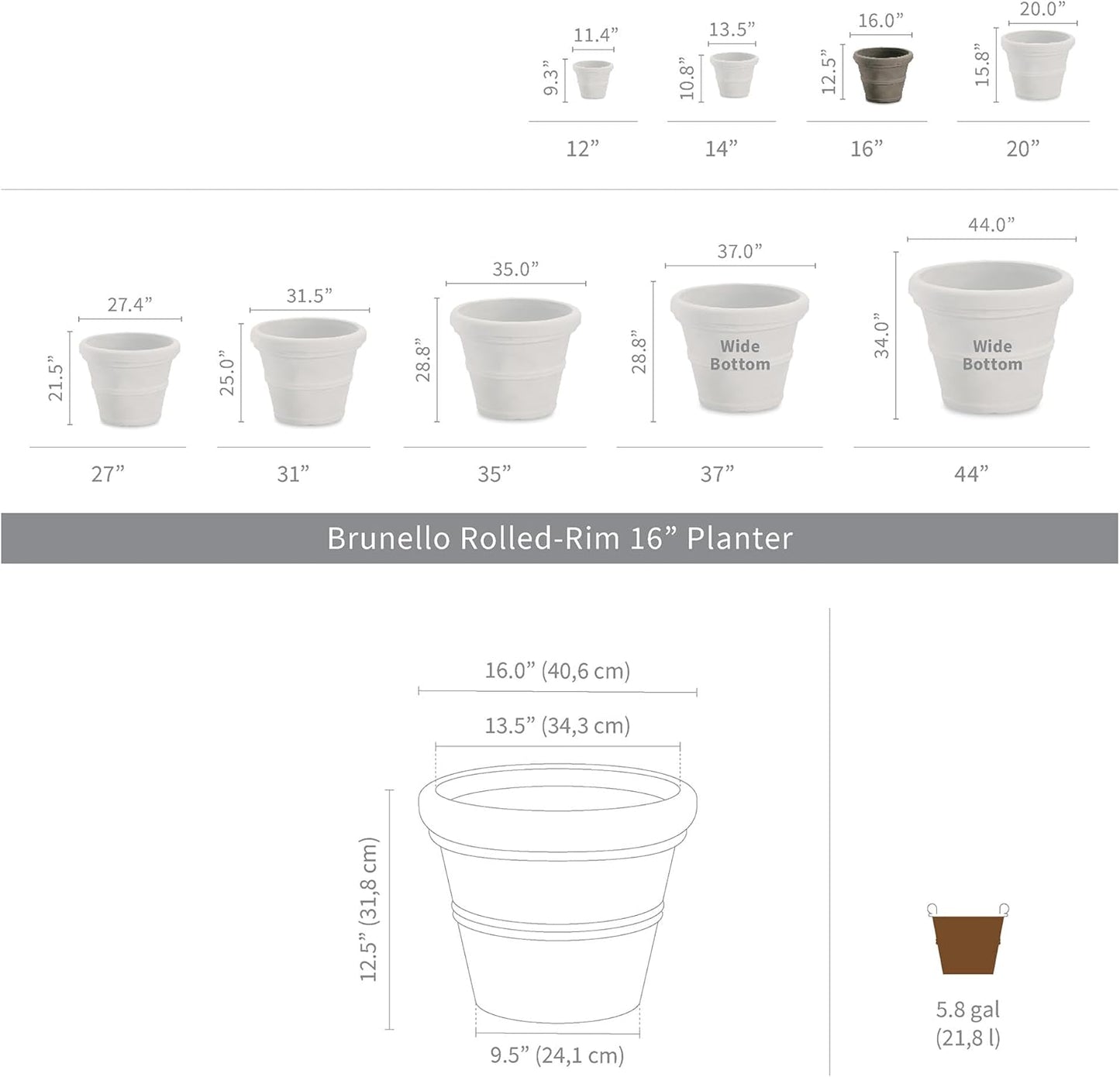 Crescent Garden Brunello Classic Rolled Rim Planter Pot, Indoor/Outdoor Weather-Safe Round Plant Pot, 16'' (Terracotta Color)