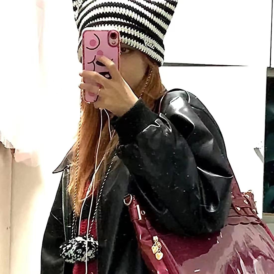 Y2k Beanies Crochet Knitted Cat Hats Goth Cross Devil Hat Striped Alt Emo Accessories Grunge Y2k Aesthetic Clothes (Gray,One Size)