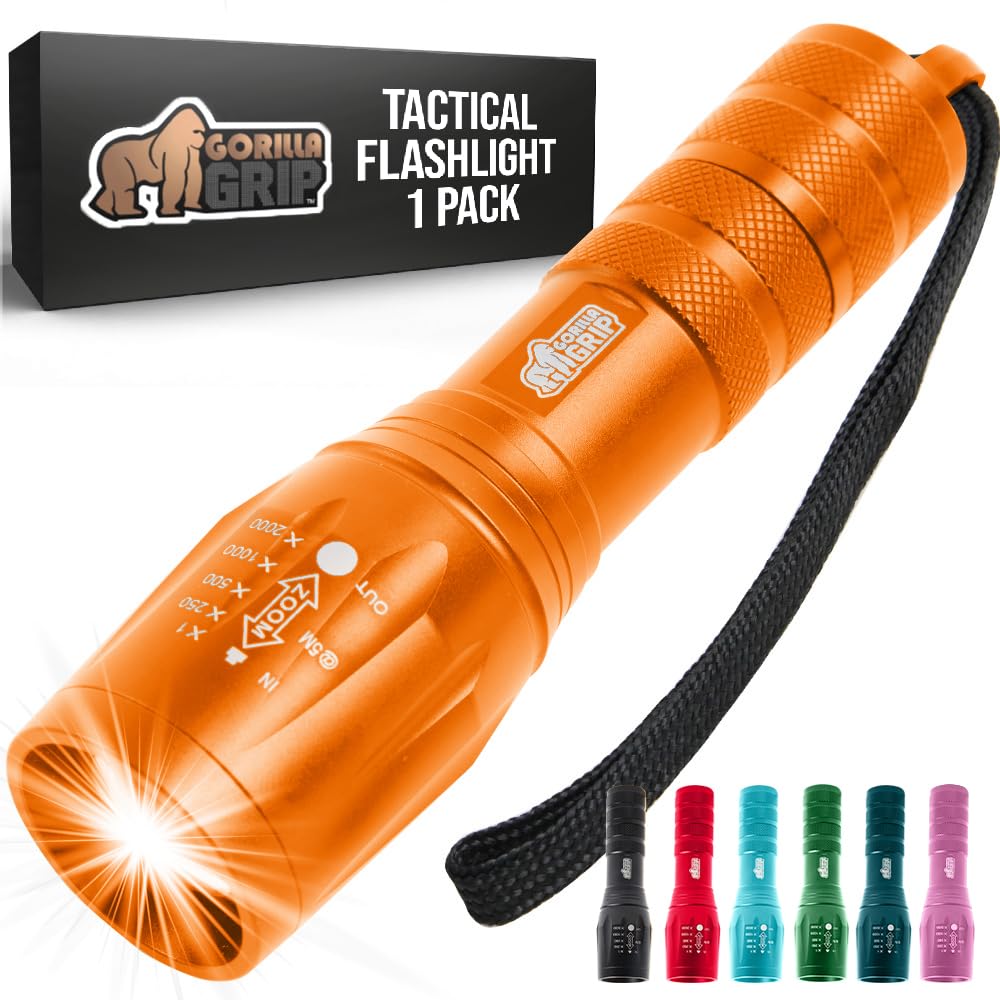 Gorilla Grip LED Tactical Flashlight - High Lumens, 5 Modes, Water Resistant, 750 FT Zoom, Orange, Model 840029684832