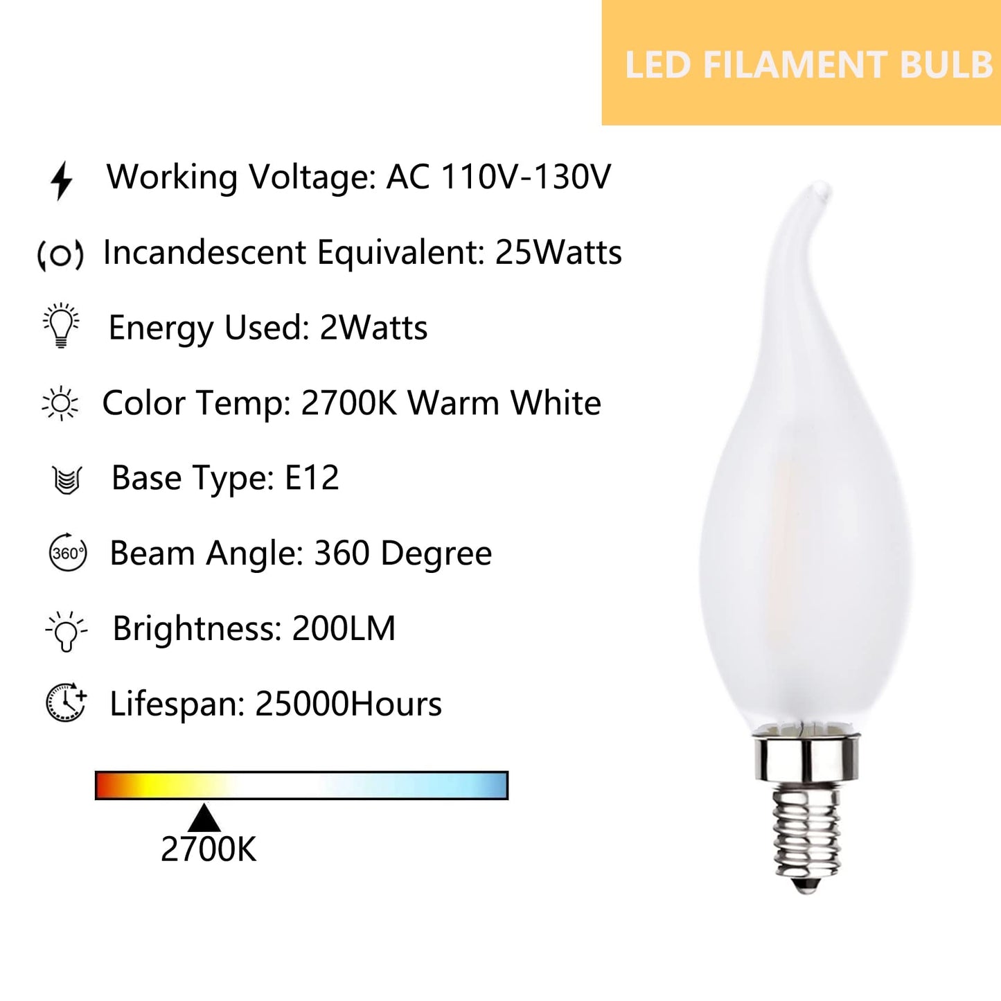 Sunaiony Frosted LED Candelabra Bulbs E12 25W Equivalent Warm White 2700K CA11 6 Pack