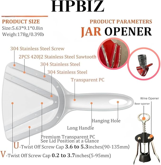 Jar Opener for Weak Hand & Seniors with Arthritis BY HPBIZ With Wine&Bottale Opener (RED)
