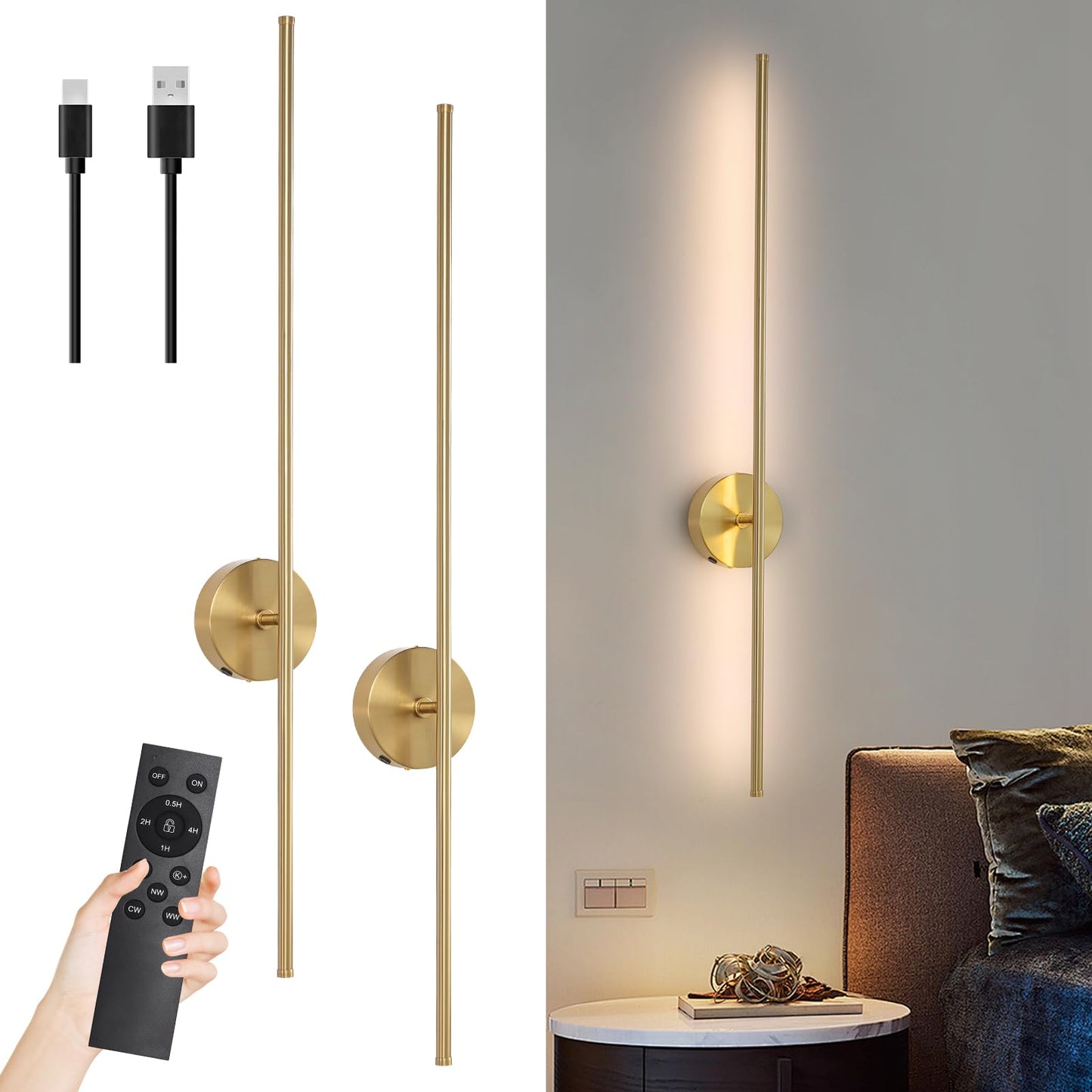 HONGREN 40in Gold Battery Operated Wall Sconces, LED Dimmable with Remote Control, Set of Two, Modern Metal Design
