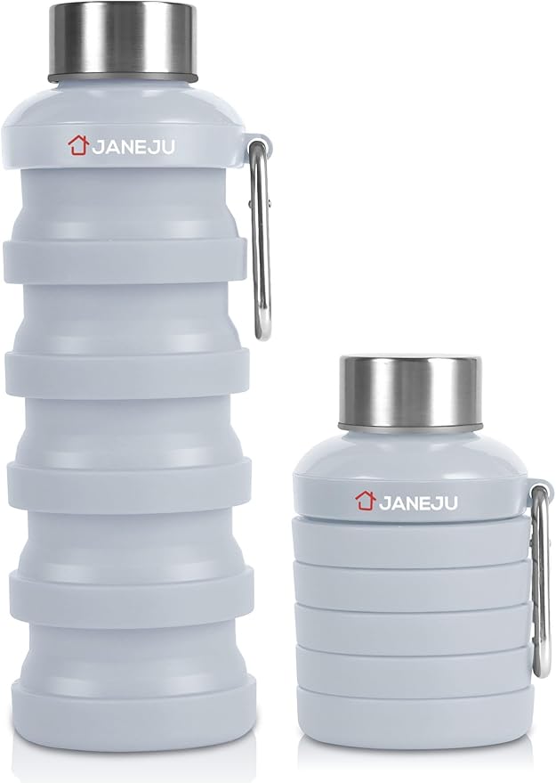 JaneJu Collapsible Water Bottle, 17oz BPA Free Silicone Reusable Portable Lightweight Foldable Water Bottles with Carabiner, Portable Leak Proof Sports Water Bottle (White)