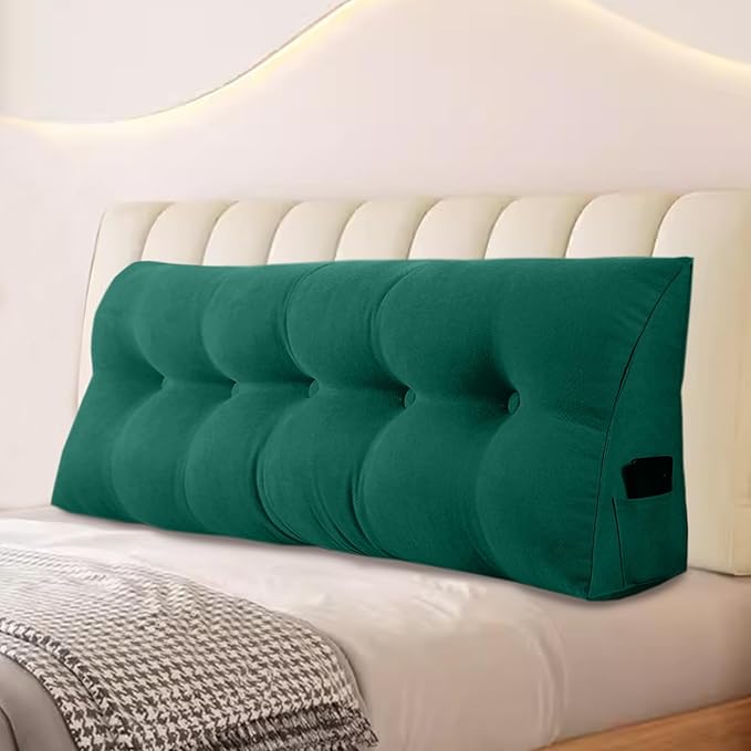 Large Triangular Headboard Pillows Long Backrest Positioning Support Bolster Cushion for Daybed Fluffy Quality Plush Body Wedge Pillow with Removable Cover(Dark Green-Cal King-71x8x20 in)