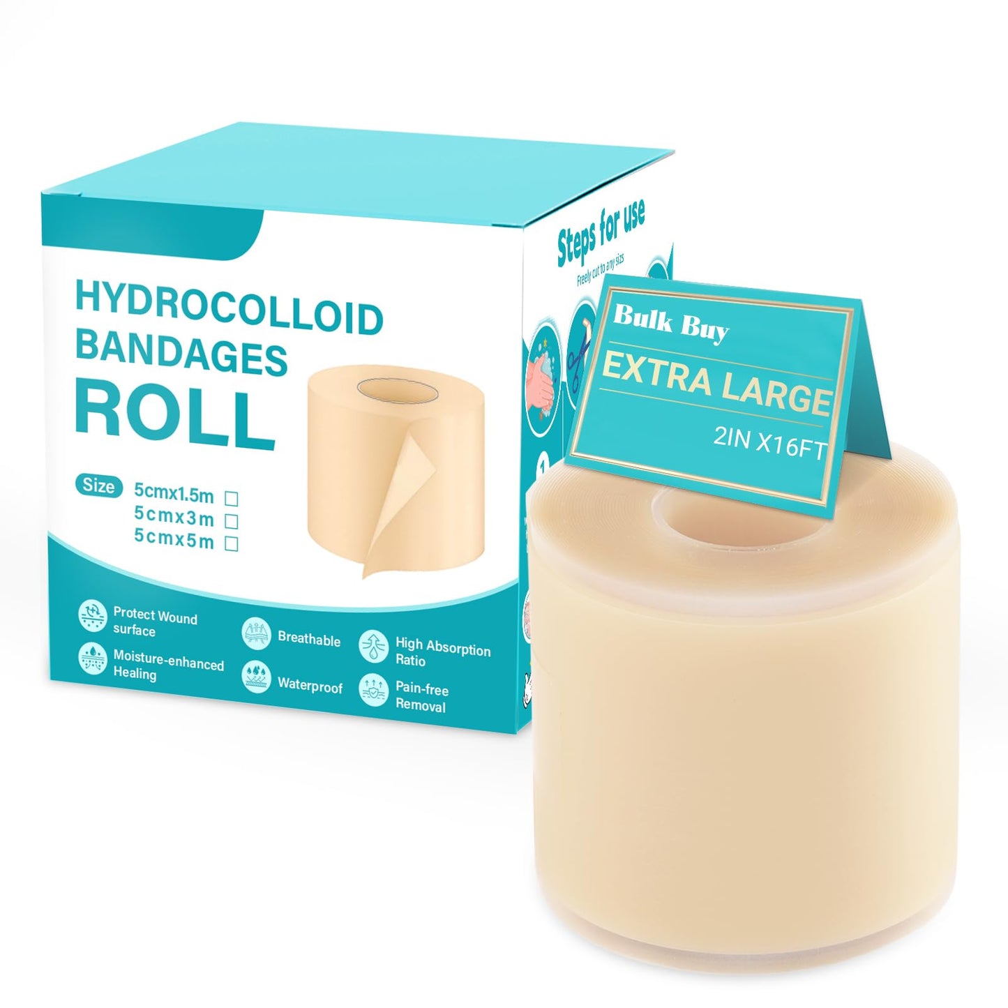 Baojia Upgraded 2in*16ft Hydrocolloid Roll for Wound Care, Hydrocolloid Patch Large Bandages with Self-Adhesive, Ultra Absorbent, Flexible, Waterproof, DIY Size, First Aid Kit Essential